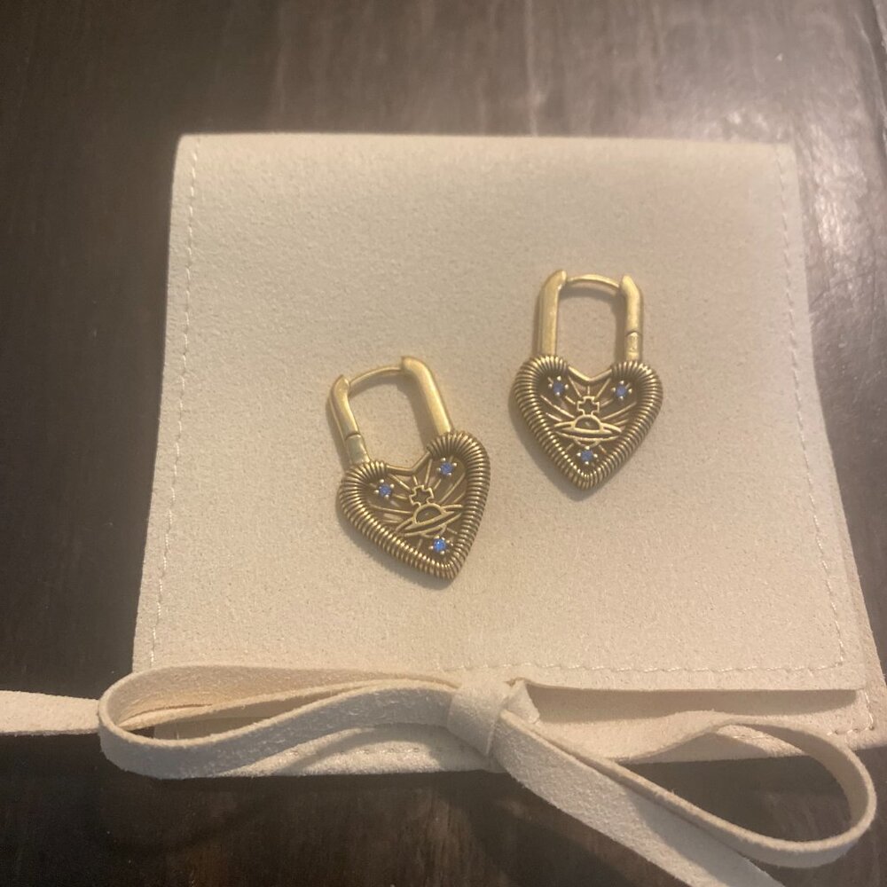 Vivienne Westwood Gold Heart Earrings with Blue Crystal Accents - Picture 5 of 6